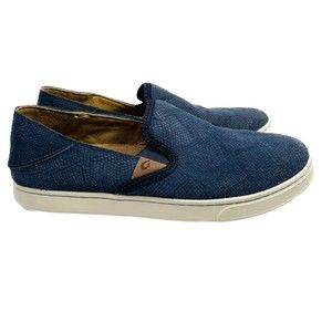 Olukai Blue Reptile Textured Pehuea Leather Slip On Loafer Womens 8.5 20329